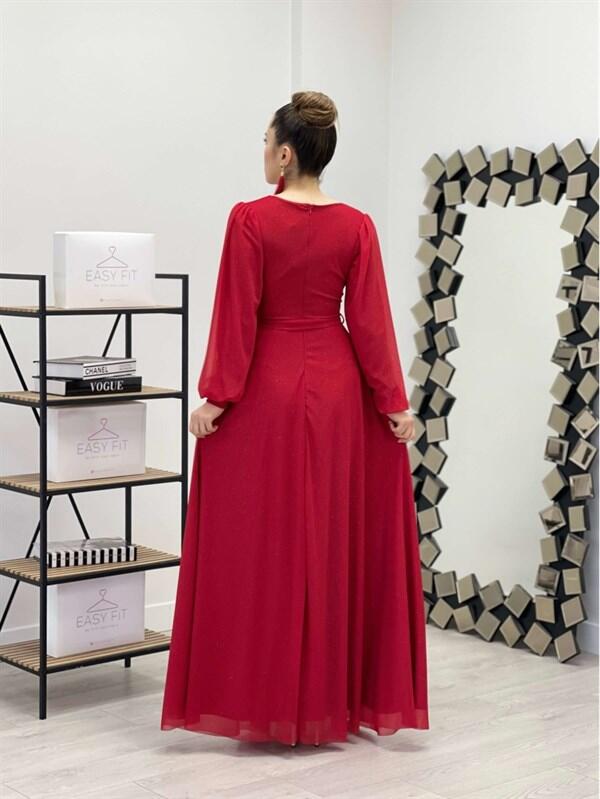 Simli Tül Kumaş Kuşaklı Kiloş Elbise - KIRMIZI - 5