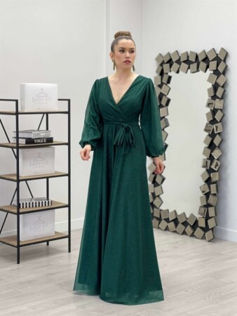 Glittery Tulle Fabric Belted Knit Dress - EMERALD GREEN - Angelino Moda