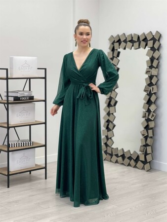 Glittery Tulle Fabric Belted Knit Dress - EMERALD GREEN - Angelino Moda (1)