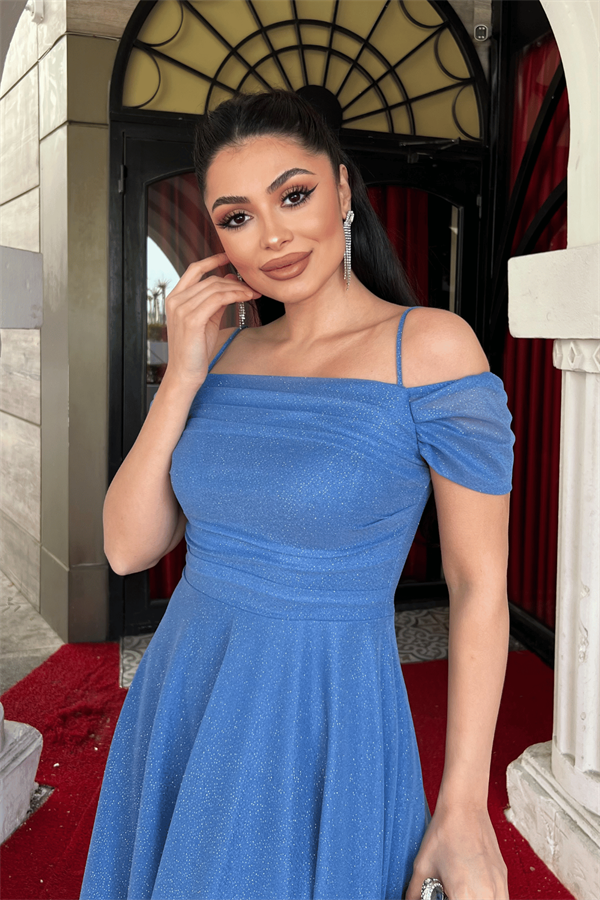 Simli Tül Kumaş Midi Boy Elbise - İNDİGO MAVİ - 4