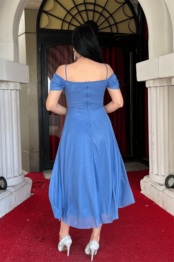 Simli Tül Kumaş Midi Boy Elbise - İNDİGO MAVİ - 5