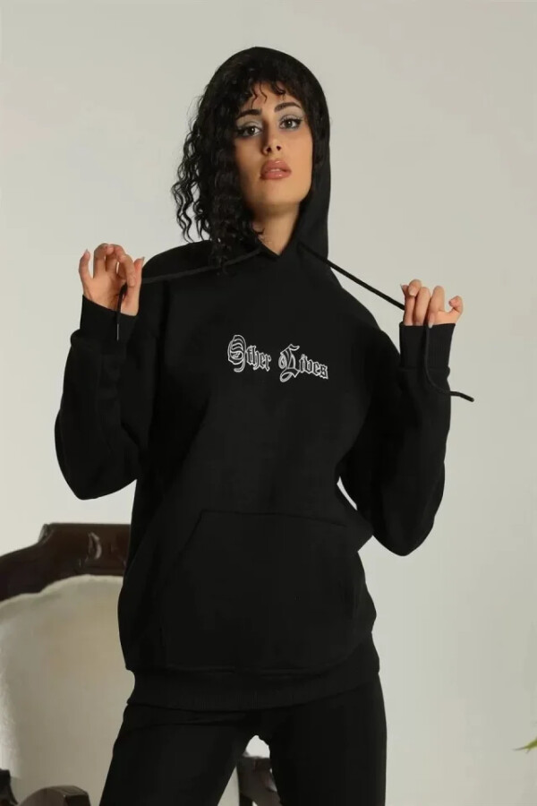 Sırt Baskılı Oversize Üç İplik Kapüşonlu Sweatshirt - Siyah - ANGELINO BuyukBedeniz