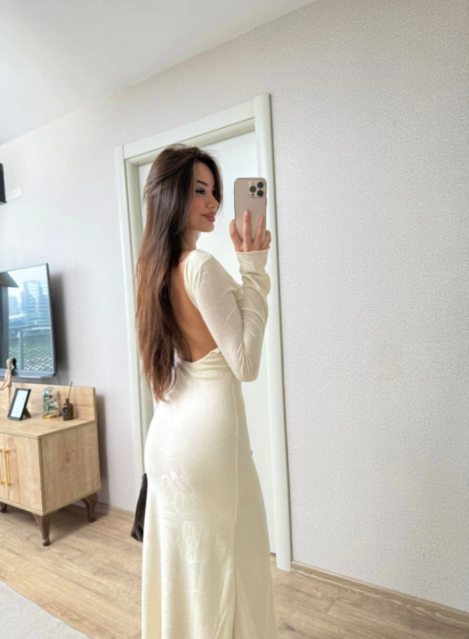 Sırt Dekolteli Uzun Kollu Elbise - Kırık Beyaz - 2