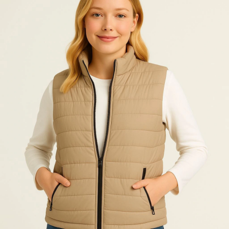 Şişme Fermuarlı Yelek Su Itici Kapitone Astarlı Kumaş Cepli Hafif Kışlık Spor Rahat Kalıp - Bej - 4