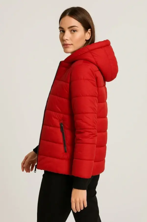 Şişme Kapüşonlu Fermuarlı Mont Su Itici Kapitone Astarlı Kumaş Cepli Kışlık Rahat Kalıp - Kırmızı - 1