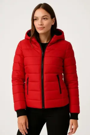 Şişme Kapüşonlu Fermuarlı Mont Su Itici Kapitone Astarlı Kumaş Cepli Kışlık Rahat Kalıp - Kırmızı - ANGELINO BuyukBedeniz (1)