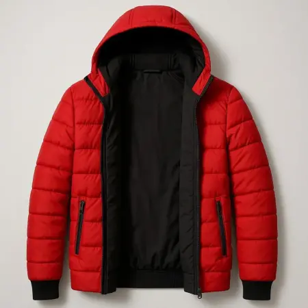 Şişme Kapüşonlu Fermuarlı Mont Su Itici Kapitone Astarlı Kumaş Cepli Kışlık Rahat Kalıp - Kırmızı - 3