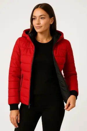 Şişme Kapüşonlu Fermuarlı Mont Su Itici Kapitone Astarlı Kumaş Cepli Kışlık Rahat Kalıp - Kırmızı - 4