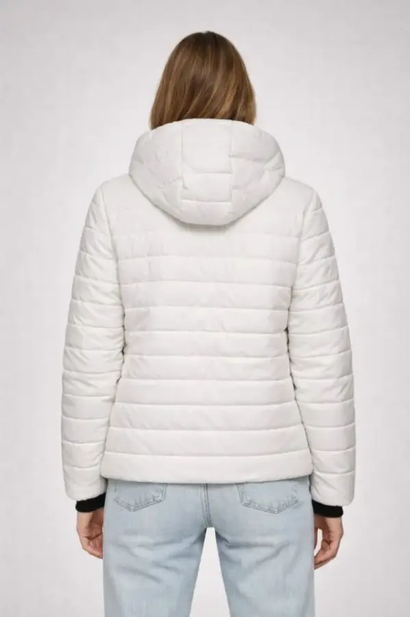 Şişme Kapüşonlu Fermuarlı Mont Su Itici Kapitone Astarlı Kumaş Cepli Kışlık Rahat Kalıp - Krem - 2