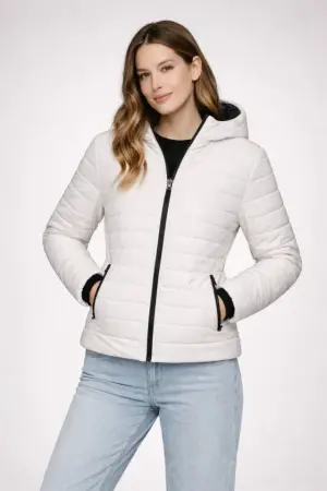 Şişme Kapüşonlu Fermuarlı Mont Su Itici Kapitone Astarlı Kumaş Cepli Kışlık Rahat Kalıp - Krem - 1