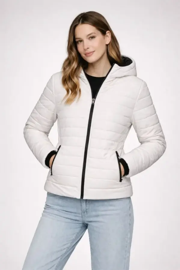 Şişme Kapüşonlu Fermuarlı Mont Su Itici Kapitone Astarlı Kumaş Cepli Kışlık Rahat Kalıp - Krem - 1