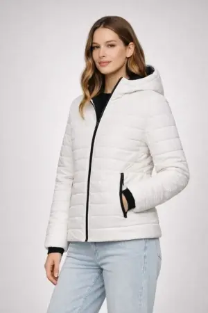 Şişme Kapüşonlu Fermuarlı Mont Su Itici Kapitone Astarlı Kumaş Cepli Kışlık Rahat Kalıp - Krem - 3