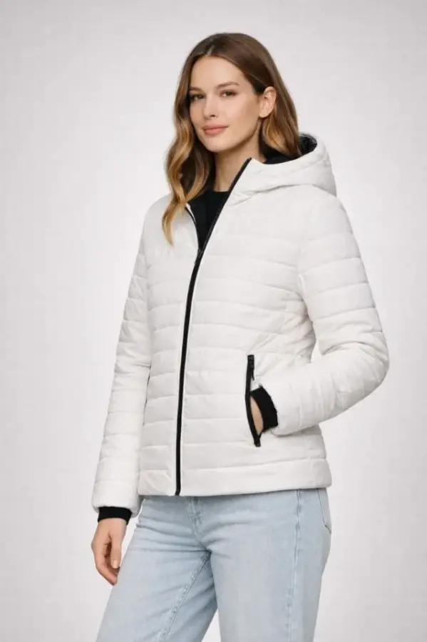 Şişme Kapüşonlu Fermuarlı Mont Su Itici Kapitone Astarlı Kumaş Cepli Kışlık Rahat Kalıp - Krem - 3