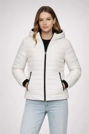 Şişme Kapüşonlu Fermuarlı Mont Su Itici Kapitone Astarlı Kumaş Cepli Kışlık Rahat Kalıp - Krem - 4