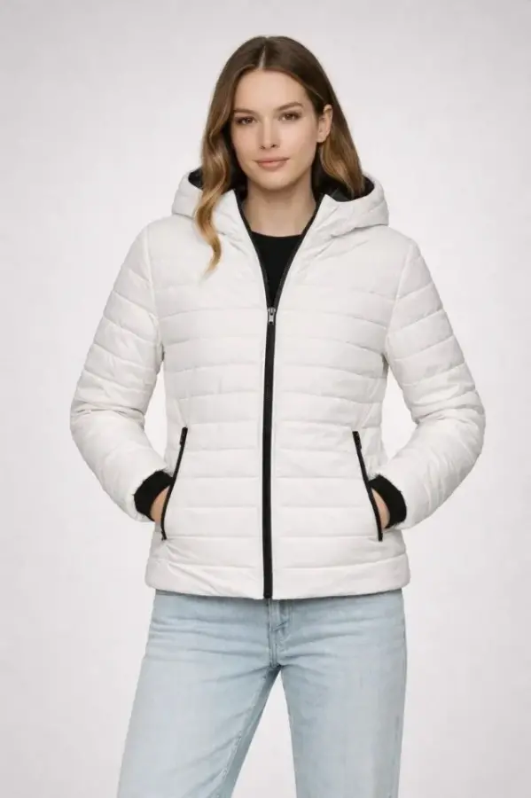 Şişme Kapüşonlu Fermuarlı Mont Su Itici Kapitone Astarlı Kumaş Cepli Kışlık Rahat Kalıp - Krem - 4