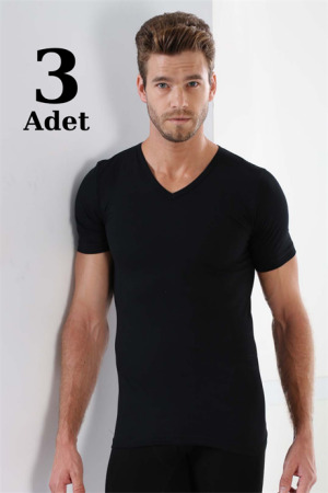 Siyah 3'lü Paket Erkek V Yaka T-Shirt Kısa Kollu %100 Pamuk - 1
