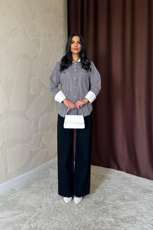 Siyah Çizgili Poplin Uzun Kol Gömlek - 1