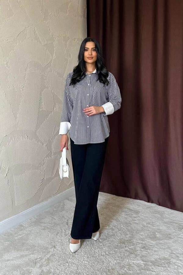 Siyah Çizgili Poplin Uzun Kol Gömlek - 2