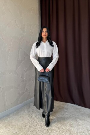 Siyah Fermuar Detaylı Deri Etek - 2