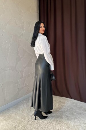 Siyah Fermuar Detaylı Deri Etek - 4