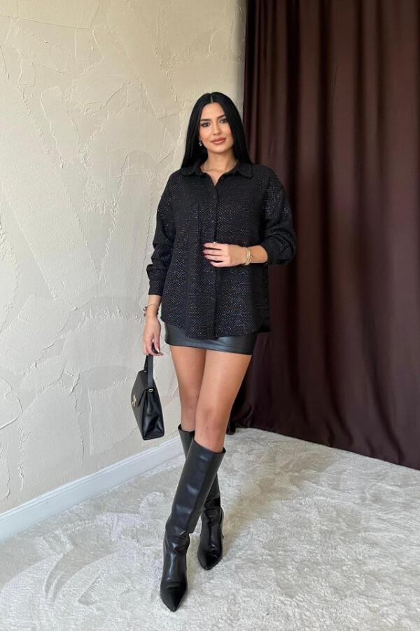 Siyah Işıltılı Gömlek - 1