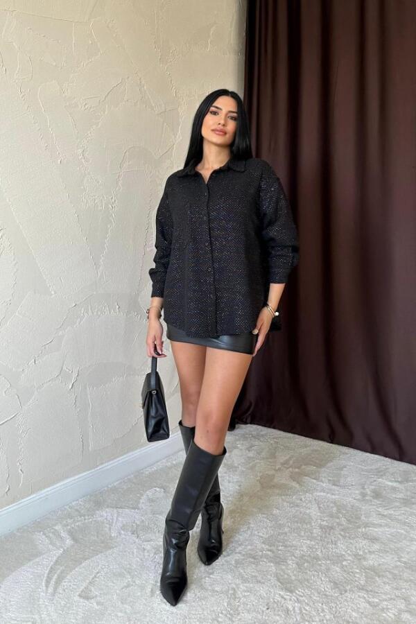 Siyah Işıltılı Gömlek - 3