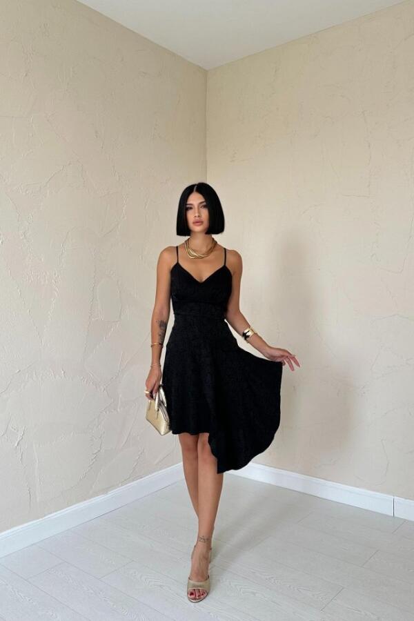 Siyah Jakarlı Asimetrik Elbise - 1