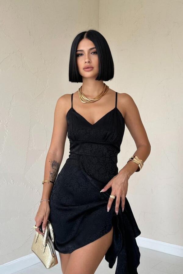 Siyah Jakarlı Asimetrik Elbise - 2