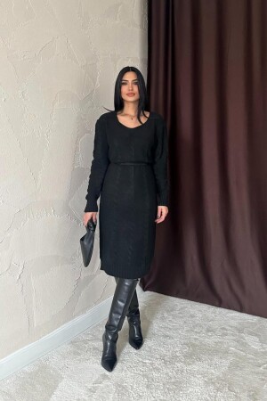Siyah Kemerli Triko Elbise - 2