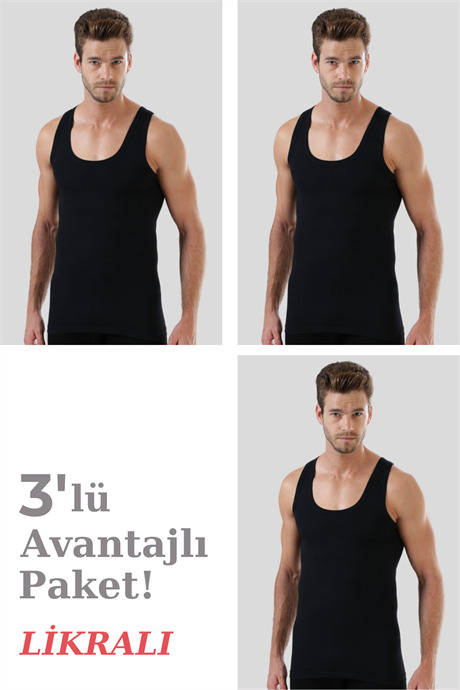 Siyah Pamuklu Likralı Erkek Atlet 3'lü Paket - 1