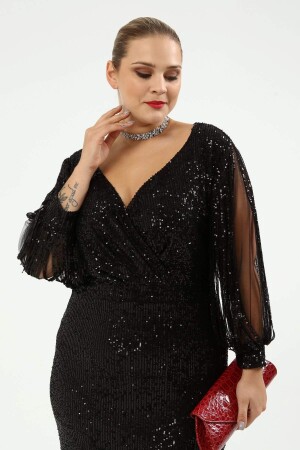 Angelino Plus Size Sleeves Fringed Long Sequined Evening Dress Black 8035 - 4