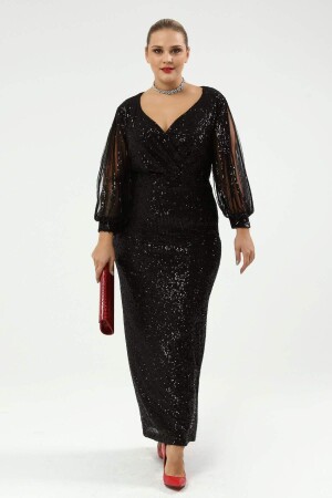 Angelino Plus Size Sleeves Fringed Long Sequined Evening Dress Black 8035 - 5