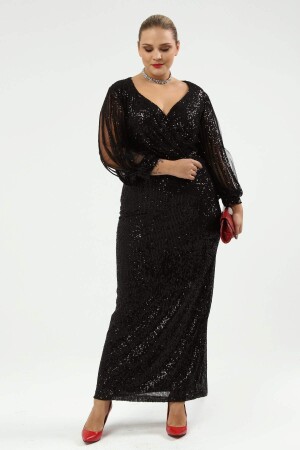 Angelino Plus Size Sleeves Fringed Long Sequined Evening Dress Black 8035 - 2