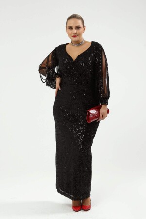 Angelino Plus Size Sleeves Fringed Long Sequined Evening Dress Black 8035 - 7