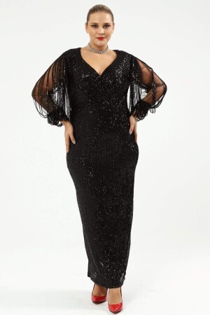 Angelino Plus Size Sleeves Fringed Long Sequined Evening Dress Black 8035 - 8
