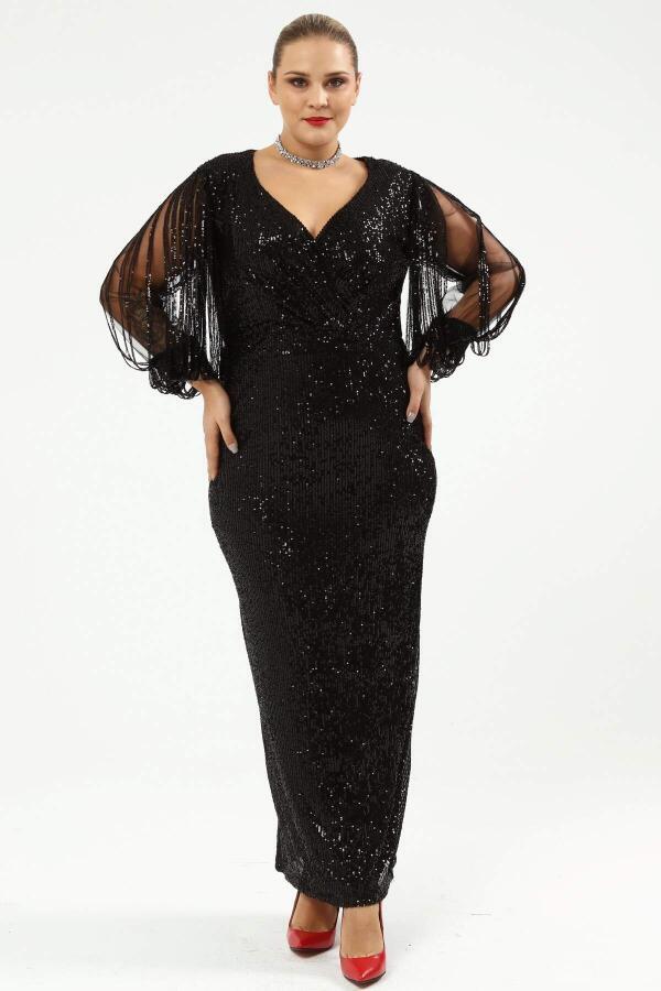 Angelino Plus Size Sleeves Fringed Long Sequined Evening Dress Black 8035 - 8