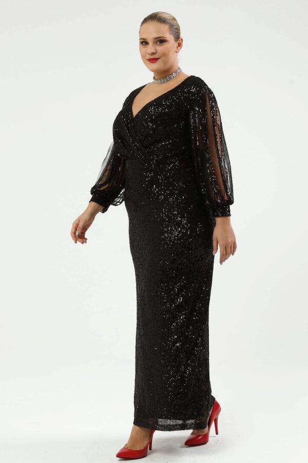 Angelino Plus Size Sleeves Fringed Long Sequined Evening Dress Black 8035 - 9