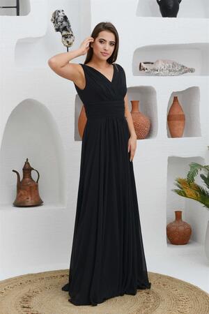 Siyah Şifon V Yaka Uzun Abiye Elbise - 1