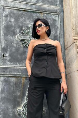 Siyah Straplez Düğmeli Crop Ve Pantolon Takım - 2