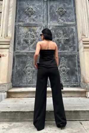 Siyah Straplez Düğmeli Crop Ve Pantolon Takım - 4
