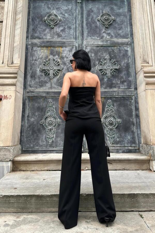 Siyah Straplez Düğmeli Crop Ve Pantolon Takım - 4