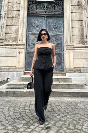 Siyah Straplez Düğmeli Crop Ve Pantolon Takım - ANGELINO BuyukBedeniz