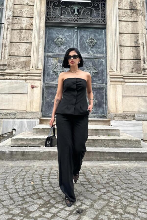 Siyah Straplez Düğmeli Crop Ve Pantolon Takım - 1
