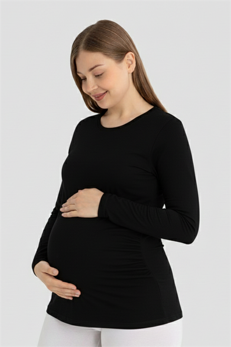 Siyah Uzun Kollu Hamile Tişört Pamuklu Likralı Yumuşak ve Esnek Kumaş - 1
