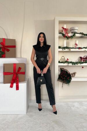 Siyah Vatkalı Kemerli Tulum - ANGELINO BuyukBedeniz