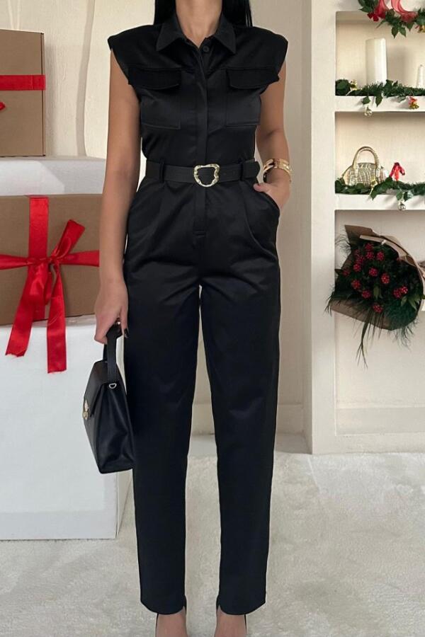 Siyah Vatkalı Kemerli Tulum - 3