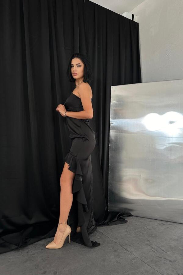 Siyah Volanlı Saten Abiye - 4