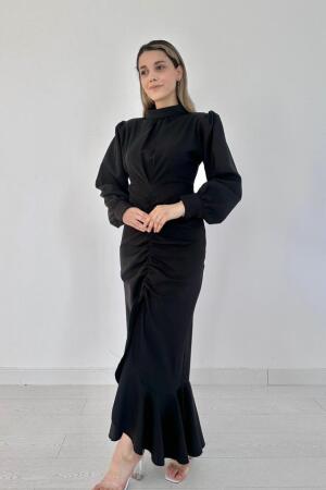Siyah Volanlı Uzun Kol Elbise - ANGELINO BuyukBedeniz