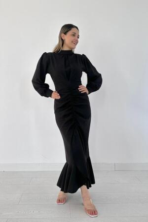 Siyah Volanlı Uzun Kol Elbise - ANGELINO BuyukBedeniz (1)