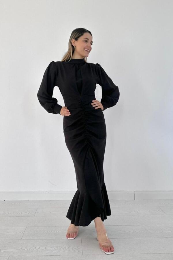 Siyah Volanlı Uzun Kol Elbise - 2